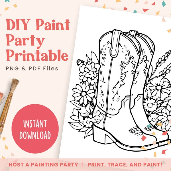 Cowgirl Boot Flowers, DIY Paint Party Template, Printable Canvas Art for Ladies Night, Birthday or Paint Party | PNG, PDF | Instant Download