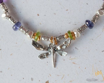 Sterling Silver Dragonfly Bracelet with Peridot, Iolite and Amethyst. Flower Bracelet. Woman or Girls Birthday Gift/ Anniversary Gift.