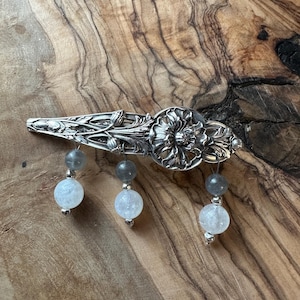 Sterling Silver Antique Spoon Barrette with Genuine Gemstones. Perfect Vintage Wedding Hair Accessory