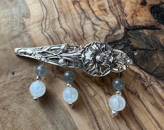 Sterling Silver Antique Spoon Barrette with Genuine Gemstones. Perfect Vintage Wedding Hair Accessory