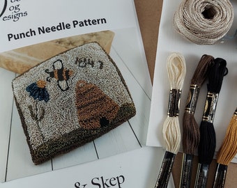 Primitive Punch Needle Kit ~ Summer Bee and Skep Needle Punch Pattern - Punchneedle Embroidery ~ spring Folk Art