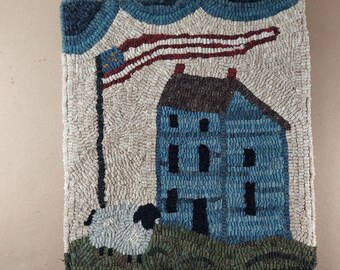 Hooked Rug Pattern for Patriotic Saltbox house & sheep Flag ~ Full Size Pattern ~ Paper Pattern ~ Red Dot ~ Mailed Rug Hooking Pattern