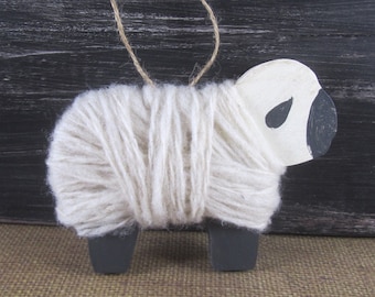 Handmade Wooden Sheep Ornament: Handspun Wool, Primitive Christmas Decor