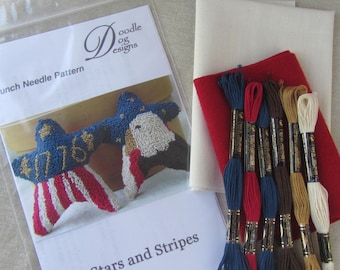 Primitive Americana Punch Needle Pattern  ~ Patriotic Needle Punch Embroidery Kit ~ PunchNeedle Stars and Stripes ~ Eagle ~ 1776 ~ Flag