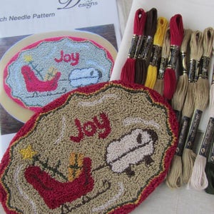 Primitive Christmas Punch Needle KIT Sheep with sleigh PunchNeedle pattern Needle Punch Sled Christmas Tree Joy image 1