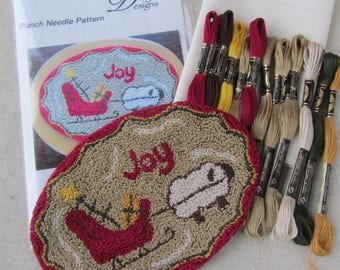 Primitive Christmas Punch Needle KIT ~ Sheep with sleigh PunchNeedle pattern ~ Needle Punch Sled ~ Christmas Tree ~ Joy