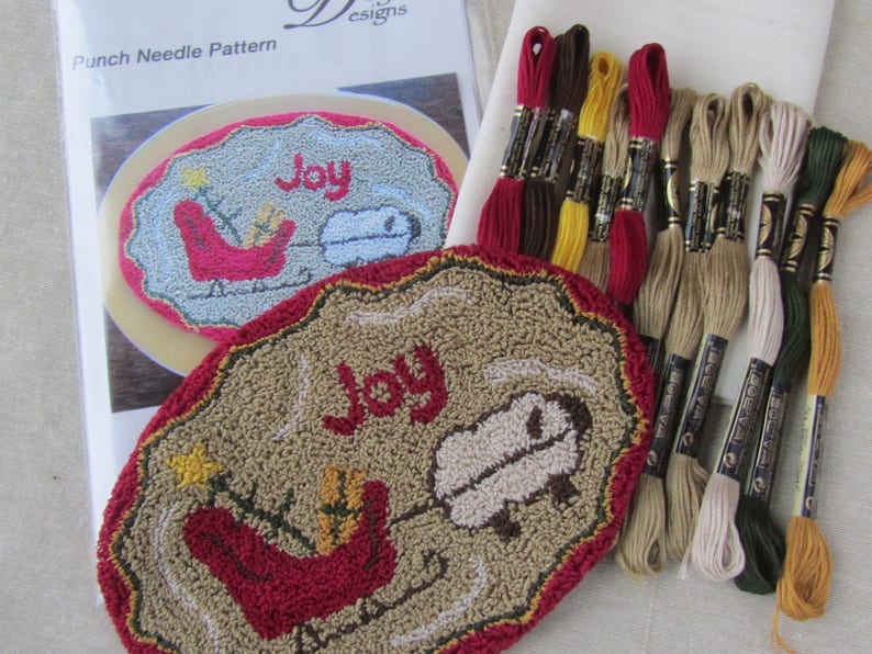 Primitive Christmas Punch Needle KIT Sheep with sleigh PunchNeedle pattern Needle Punch Sled Christmas Tree Joy image 1