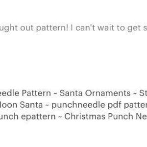 May include: Image of two Christmas ornaments: a Santa Claus and a crescent moon Santa. The Santa ornament is red with a white beard and hat. The moon Santa is beige with a red hat. The ornaments are part of a punch needle pattern.