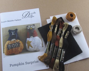 Primitive Punch Needle KIT ~ Fall Pumpkins with Black Cat & Owl ~  Bowl Filler / Shelf Sitter ~ Punchneedle Pattern - Halloween Needle Punch