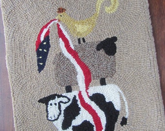 Hooked Rug Pattern ~ Patriotic Animal Stack-up ~ FULL SIZE Paper Pattern  ~ Rug Hooking Paper Pattern ~ Cow ~ Sheep ~ Chicken ~ Flag