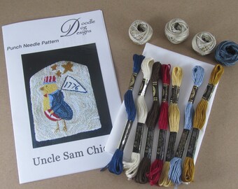 Primitive Uncle Sam Punch Needle Kit ~ Patriotic Needle Punch Pattern ~ Patriotic Folk Art - PunchNeedle Embroidery - Americana ~ Chicken