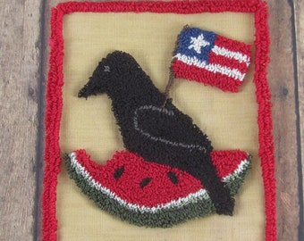 Punch Needle Pattern ~ Patriotic Crow with Watermelon & Flag ~ punchneedle pdf pattern ~ needle punch epattern ~ Punch Needle