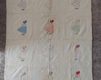 Vintage Baby Quilt - Well Worn Sunbonnet Sue - Hand Quilted Hand Appliqué Hand Embroidered - Wall Hanging or Cutter Quilt 56" x 45"