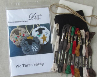 Christmas Sheep Punch Needle KIT ~ PunchNeedle ornaments ~ Needle Punch Pattern