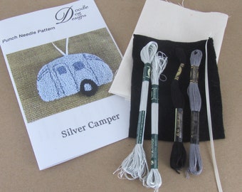 Retro Silver Camper Punch Needle KIT ~ Vintage Camper Christmas Ornament ~ PunchNeedle pattern - Needle Punch Embroidery