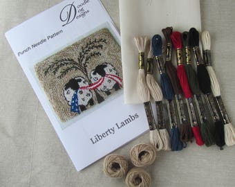 Primitive Punch Needle Kit ~ Patriotic Sheep with Flag Needle Punch Pattern - Americana Punchneedle Embroidery ~ Patriotic Folk Art