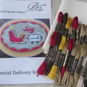 Primitive Christmas Punch Needle KIT Sheep with sleigh PunchNeedle pattern Needle Punch Sled Christmas Tree Joy image 2