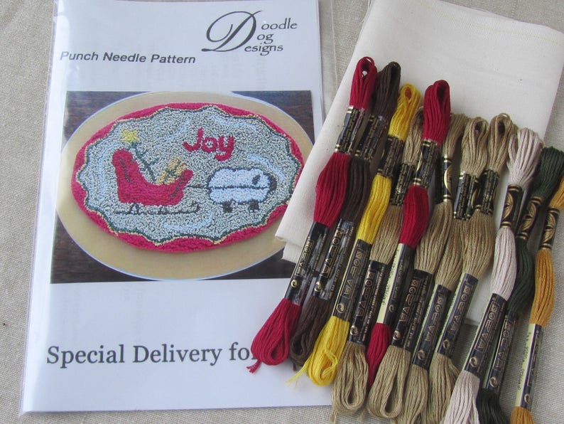 Primitive Christmas Punch Needle KIT Sheep with sleigh PunchNeedle pattern Needle Punch Sled Christmas Tree Joy image 2