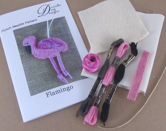 Pink Flamingo Punch Needle Ornament KIT ~ PunchNeedle pattern ~ needle punch embroidery