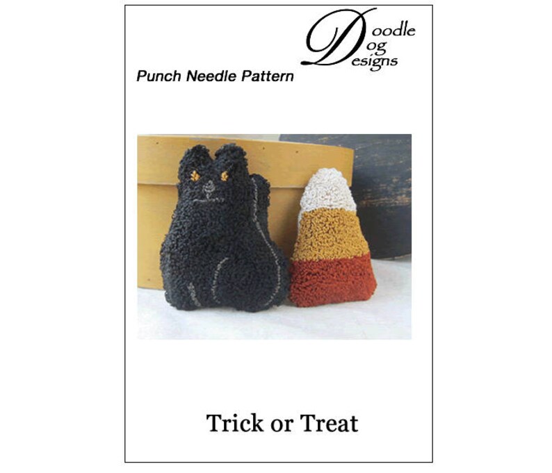 May include: A punch needle pattern showing a black cat and candy corn. The black cat has yellow eyes and a white outline. The candy corn is in the traditional colours of white, yellow, and orange. The text "Trick or Treat" is at the bottom.