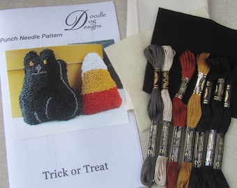 Primitive Halloween Punch Needle KIT ~ Black Cat & Candy Corn PunchNeedle Bowl Filler pattern ~ 3D Folk Art Needle Punch Embroidery