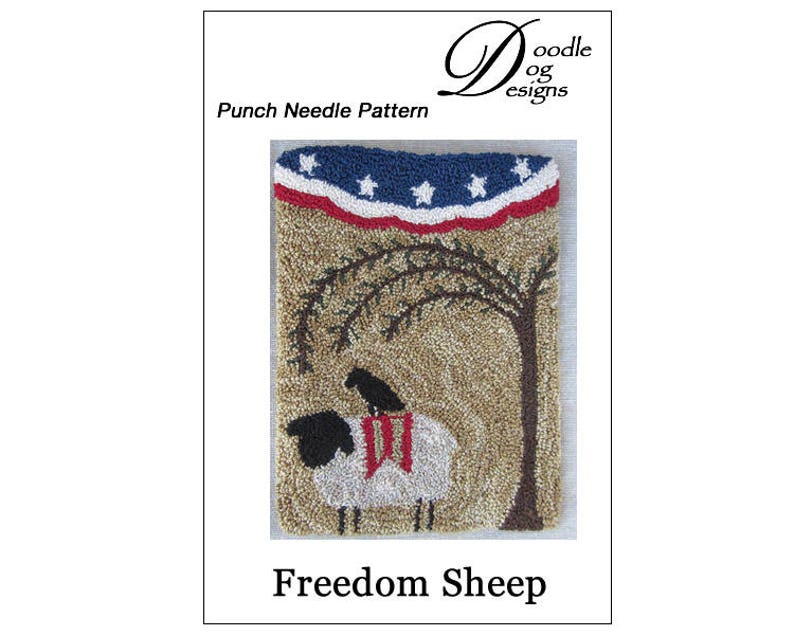 Punch Needle Pattern Schaf Weidenbaum Krähe Patriotische Volkskunst Fourth of Juli Amerikanische Flagge Punchnadel Pdf Anleitung Bild 3