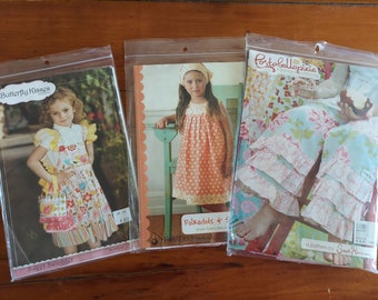 Lot 3 Little Girl Sewing Patterns Dresses Ruffle Pants - PortabelloPixie Boutique - Sandi Henderson, Fig Tree & Co, Butterfly Kisses - Uncut