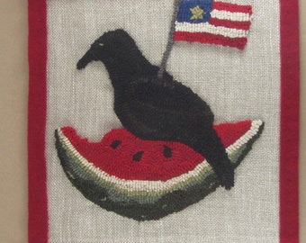 Hooked Rug Pattern for Patriotic Crow on Watermelon with Flag ~ Full Size Pattern ~ Paper ~ Red Dot Pattern ~ Rug Hooking Pattern ~ mailed