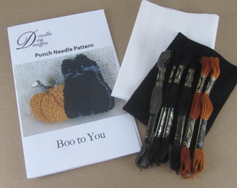 Primitive Halloween Punch Needle KIT ~ Black Cat & Pumpkin PunchNeedle Bowl Filler pattern ~ 3D Fall Needle Punch Embroidery