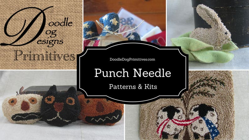 May include: A selection of punch needle patterns and kits. The image shows a rabbit, sheep, and Halloween-themed pumpkin and cat face designs. The Doodle Dog Designs logo and text reading "Punch Needle Patterns & Kits" are also visible.