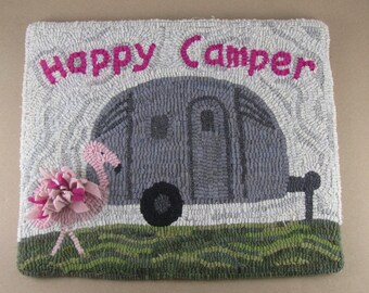 Hooked Rug Pattern for Vintage Silver Camper & Flamingo  ~ Full Size Paper Pattern ~ Red Dot ~ Rug Hooking Pattern ~ mailed