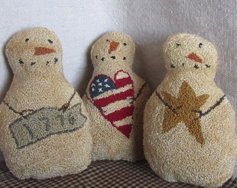 Punch Needle PATTERN ~ Americana Snowmen Trio ~ Bowl Fillers - shelf sitters - punchneedle pdf pattern - needle punch e-pattern