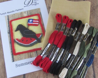 Primitive Crow Punch Needle Kit  ~ Needle Punch Pattern ~ Summer Watermelon & Flag ~ Punchneedle embroidery