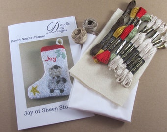 Christmas Stocking Punch Needle KIT with stacked sheep ~ punchneedle pattern ~ needle punch ~  joy ~ star