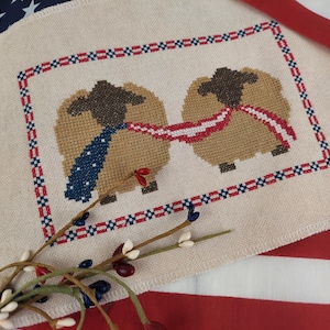 Primitive Cross Stitch Pattern - Patriotic Sheep with Flag