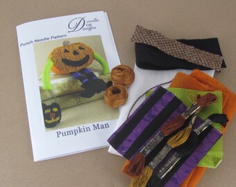 Halloween Pumpkin Man Punch Needle KIT ~ Jack-o-Lantern with Black Cat Bag PunchNeedle pattern - 3D Folk Art Needle Punch Embroidery