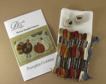 Primitive Thanksgiving Punch Needle Kit ~ Turkey and Pumpkins ~ Folk Art ~ Needle Punch Pattern - Punchneedle