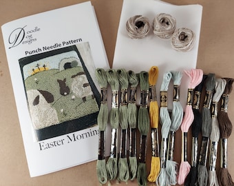 Easter Punch Needle KIT | Sheep and Bunny with Empty Tomb and Cross | Spring punchneedle pattern ~ primitive needle punch embroidery