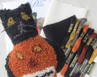 Halloween Punch Needle Kit ~ Black Cat and Pumpkin Bowl Filler - Needle Punch Paper Pattern -Primitive Fall Punchneedle