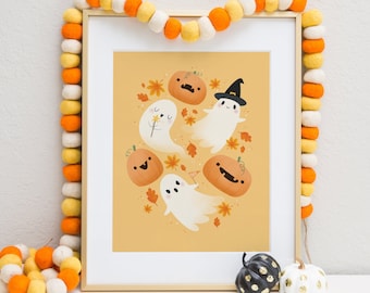 Cute pumpkins and friendly ghosts! Halloween art print, Cute fall decor, Ghosts and pumpkins to decorate your home with, Trick or treat