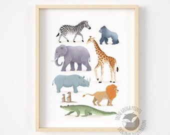 Safari animal nursery print, kids room decor, nursery wall art, neutral nursery decor, gender neutral baby gift, nursery art, new baby gift