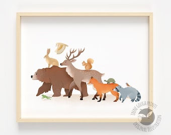 Cute woodland animal art print - A group of woodland friends parade together