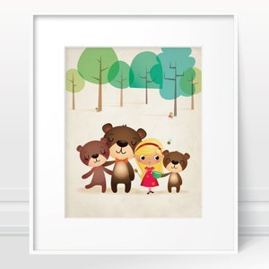 Goldilocks and the three bears, nursery illustration, kids illustration, kids room decor, Goldilocks print, nursery art, baby girl gift