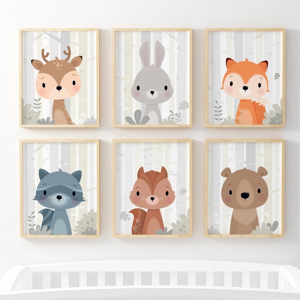 Set of 6 Woodland Nursery wall art - Forest animals