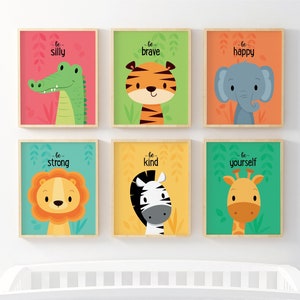 Arte murale per bambini, Arte murale per cameretta dei bambini, Stampe colorate per cameretta dei bambini, Cameretta dei bambini safari, Cameretta dei bambini con animali, Animali della giungla, Regalo per neonati, Arte neutra per cameretta dei bambini