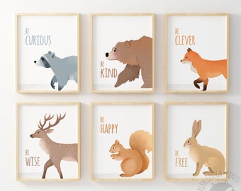 Set of 6 woodland nursery prints, nursery wall art, woodland decor, children room wall art, kids room decor, animal art, inspirational text