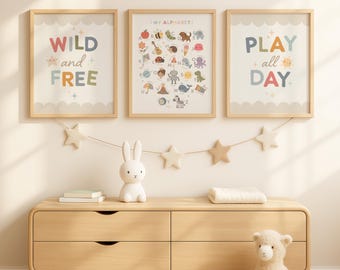 Nursery Wall Art Set of 3, Alphabet Print Trio, Wild and Free, Play All Day, Neutral Baby Room Decor, Scandinavian Kids Prints