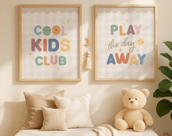 Cool Kids Club Nursery Wall Art Set, Play All Day Prints, Neutral Scandinavian Kids Room Decor, Playroom Wall Art, Boys Girls Gift