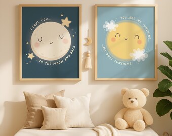 Vintage Sun Moon Nursery Prints | Celestial Wall Art Set (physical ...