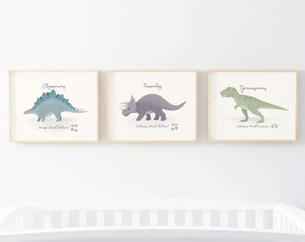 SET of 3 dinosaur prints, stegosaurus print, tyrannosaurus, triceratops print, nursery wall art, nursery decor, dinosaur decor, boys nursery